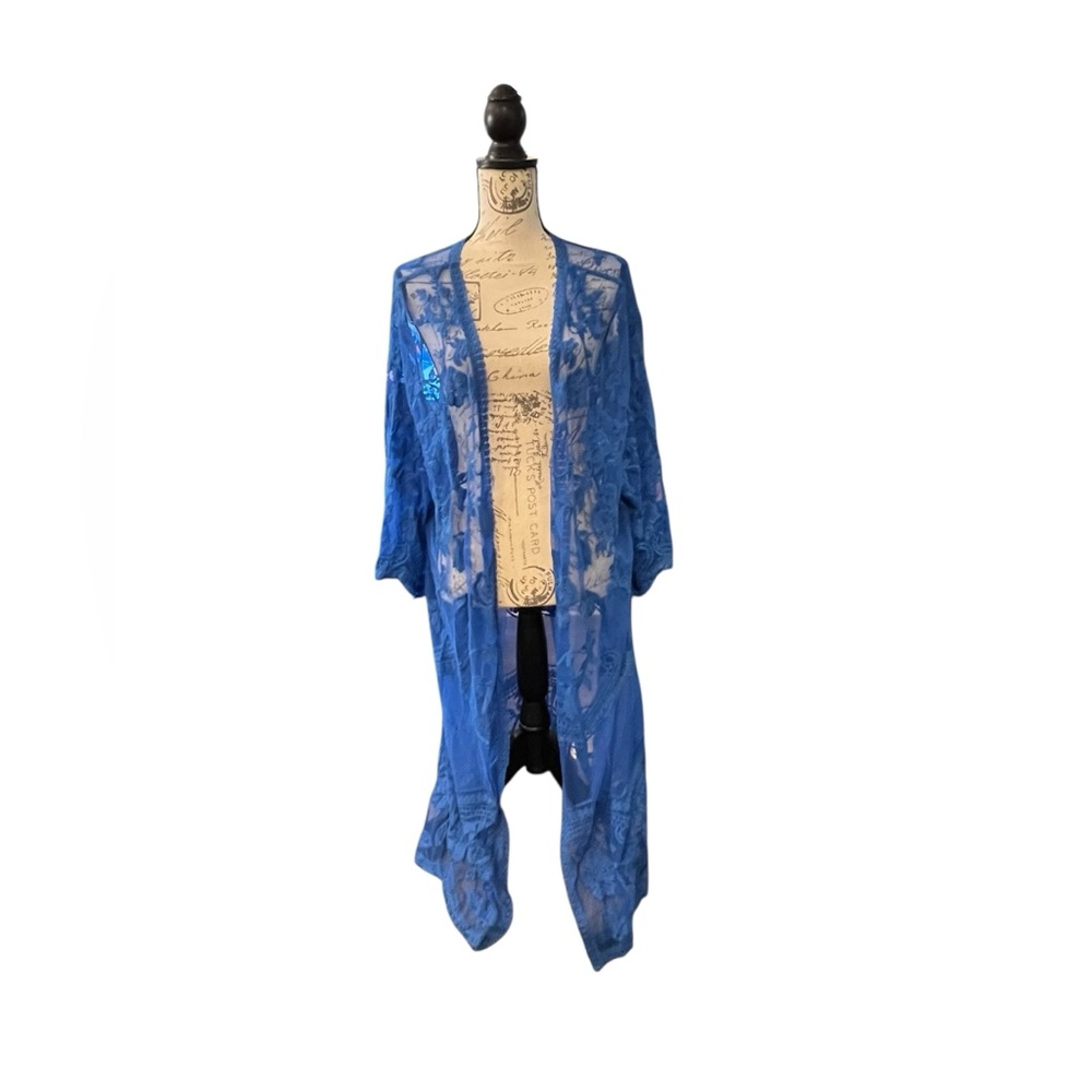She & Sky Half-Sleeve‎ Crochet Lace Midi Kimono ROYAL BLUE M/L NEW Gorgeous!